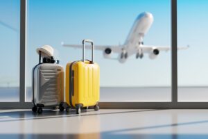 Two suitcases at an airport window with a plane taking off in the background